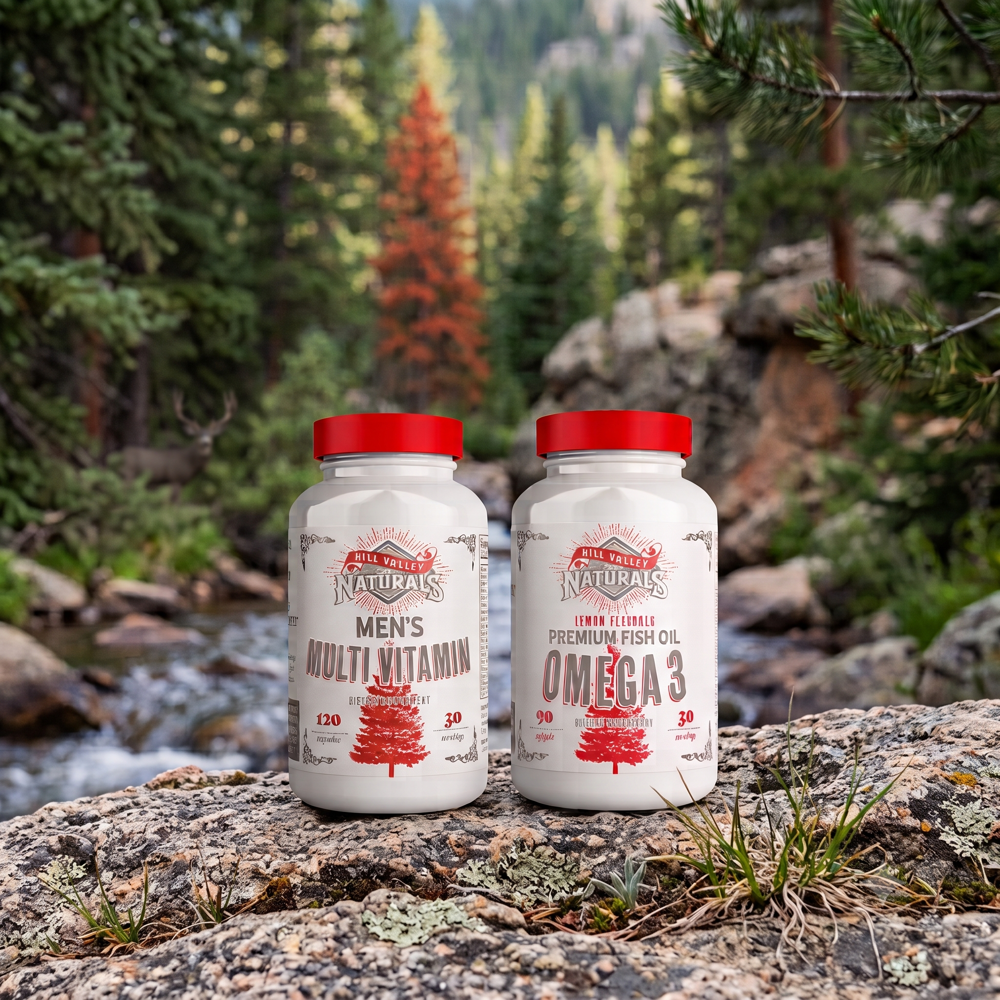 Hill Valley Naturals Daily Supplements by a mountain stream